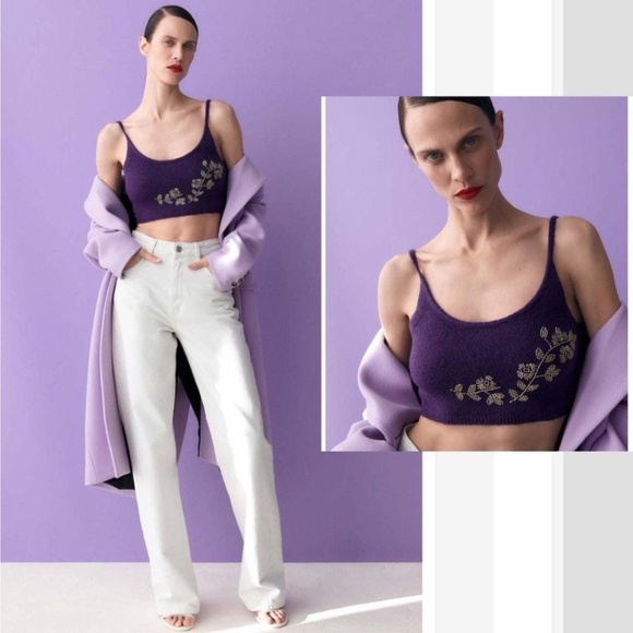 Zara Floral Beaded Purple Wool Blend Knit Crop Tank Top Women’s Size S - Picture 1 of 13